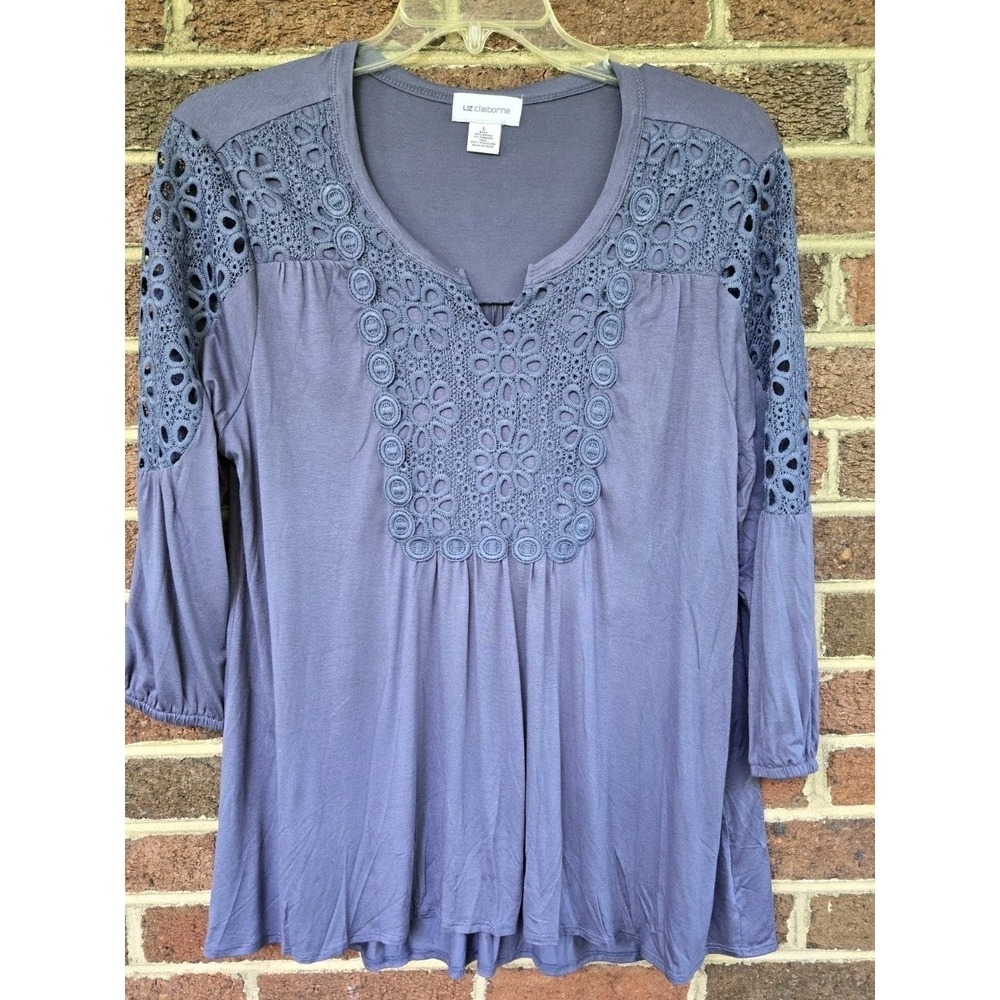 Liz Claiborne Women's Large Blue 3/4 Sleeve Swing Shirt Embroidered Peasant Boho